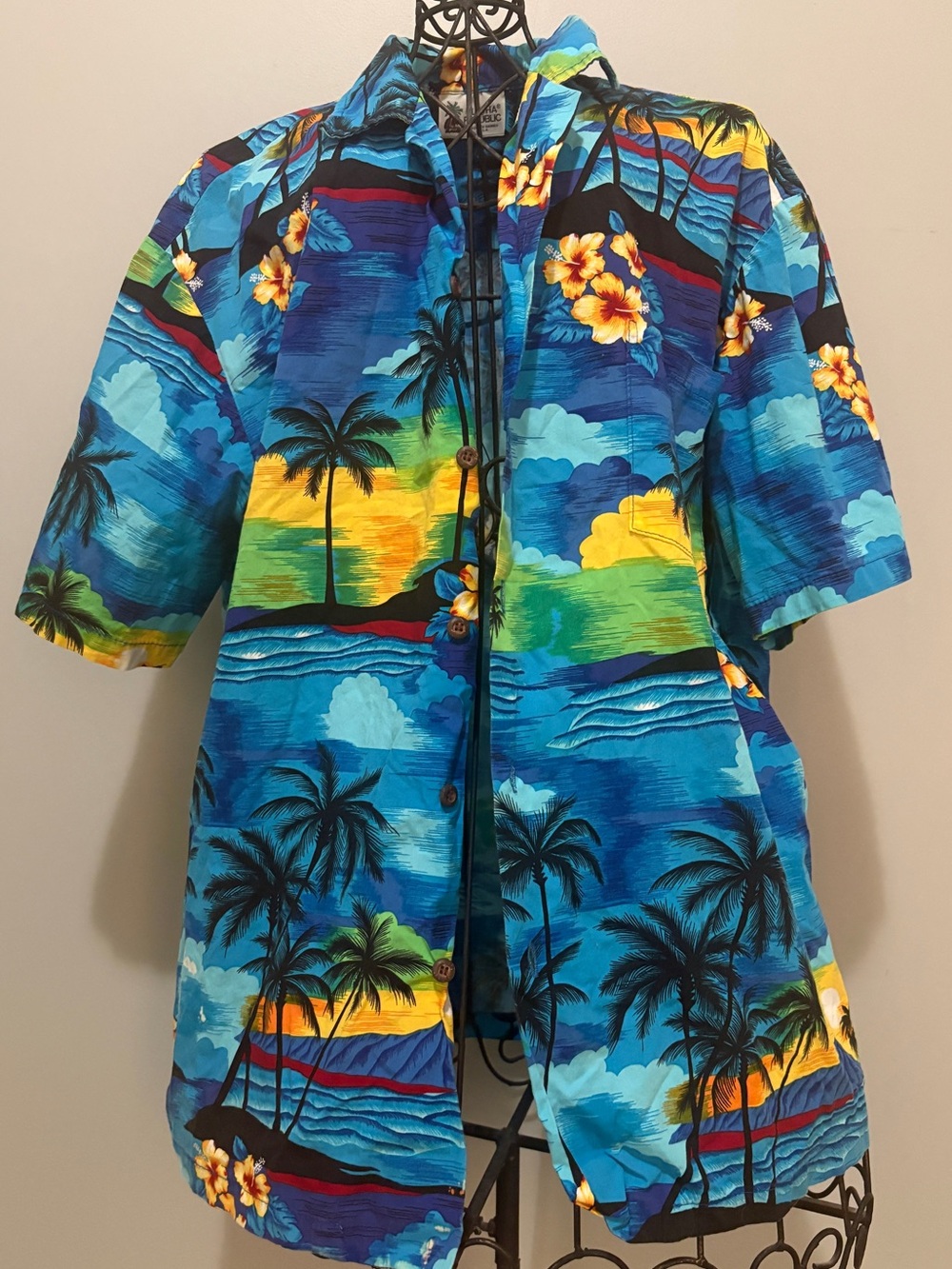 Aloha Republic Tropical Blue Hawaiian Button-Up Shirt with Palm & Hibiscus Print